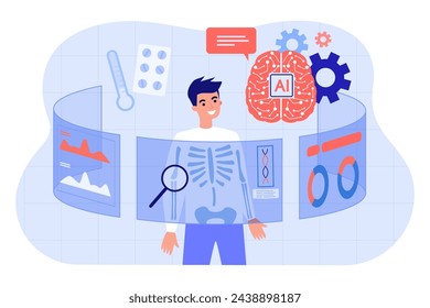 Man undergoing medical examination with help of AI. Vector illustration. AI brains, X-ray photograph. Innovative medical solutions, artificial intelligence in medicine concept