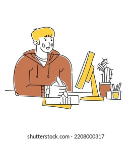Der Mann wird gerade online ausgebildet. Moderne, einfache Grafiken im Stil von Comics. Ein junger Mann sitzt an einem Tisch.