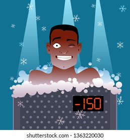 Man undergoing a whole body cryotherapy treatment in a cryosauna,  EPS 8 vector illustration, no transparencies 