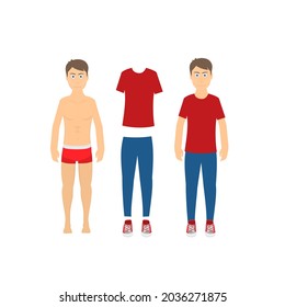 Hombre en calzoncillos. Vestir a un hombre, ilustración vectorial
