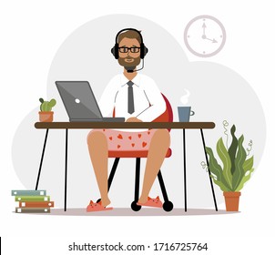 A man in underpants and slippers, a programmer works at home at a computer, a laptop. Remote work in the home office. IT specialist, freelancer, student. Colorful vector illustration in flat cartoon 