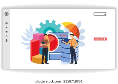 Un hombre está entendiendo la base de datos. página web Servicios de base de datos. Concepto moderno de diseño plano del diseño de páginas web para sitios web y sitios web móviles