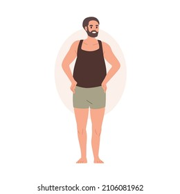 Man in underwear with apple type body shape. Male in trunks with oval figure, obese belly. Person portrait in underclothes with obesity. Flat vector illustration isolated on white background