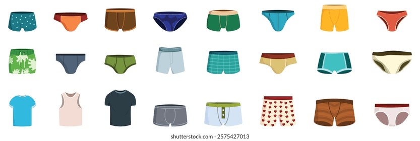 Man underwear icons set. Different types of men underpants and shirts are displayed, showcasing various designs, colors, and patterns