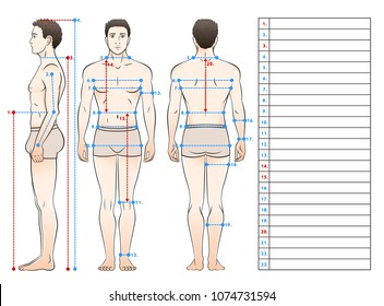 A man in underwear is seen from the front, side and back. Scheme of measurement of the human body. Table for entries