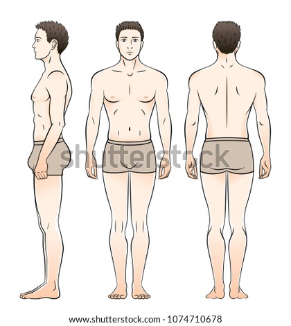 A man in underwear is seen from the front, side and back.