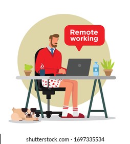 Man in underwear working from home in his desk with a cup of coffee, a bottle of water, plants, windows, and a pug dog.