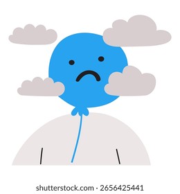 Hombre con globo azul infeliz en lugar de cara. Ilustración vectorial plana sobre fondo blanco.