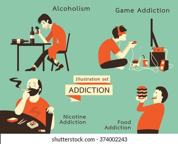 Man in unhealthy addcition lifestyle, acoholism, nicotine addiction, game and food addiction. Vector illustration in vintage style.