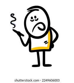 A man with an unhealthy face holds a smoking cigarette. Vector illustration of an unhealthy bad habit.