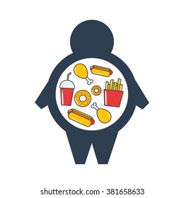 Man with unhealthy lifestyle symbols around him such as junk food and unhealthy drinks. Flat concept illustration of bad habits isolated on white