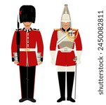 man in the uniform of a British guardsman and in the uniform of a horse guardsman isolated on white background. The costume of the royal guard in  flat cartoon style. stock vector illustration. EPS 10