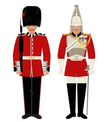 Man In The Uniform Of A British Guardsman And In The Uniform Of A Horse Guardsman Isolated On White Background. The Costume Of The Royal Guard In  Flat Cartoon Style. Stock Vector Illustration. EPS 10