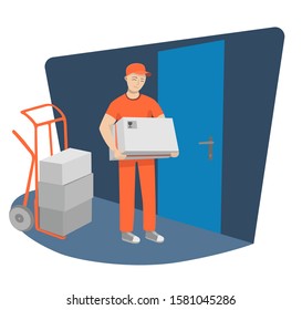 Man in uniform and cap holds the package. Delivery man or boy. Courier service comes to customers with order delivery to home door. Stock vector flat illustration isolated on white background