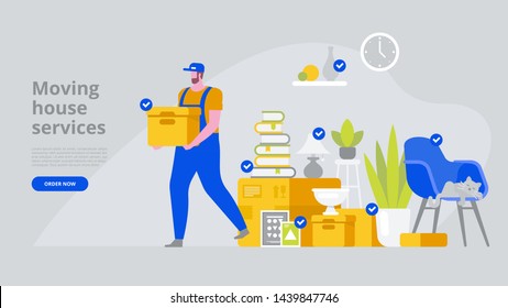 Man in uniform with cardboard boxes. Moving House. Vector flat style illustration