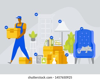 Man in uniform with cardboard boxes. Moving House. Vector flat style illustration