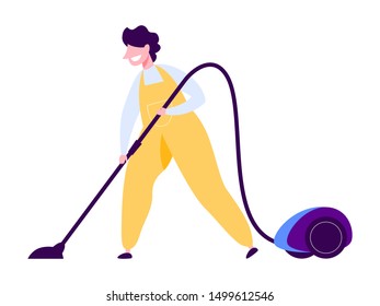 Man in the uniform cleaning floor using vacuum cleaner. Cleaning service concept. Doing domestic work. Vector illustration in flat style isolated