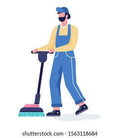 Man in the uniform cleaning floor using vacuum cleaner. Cleaning service concept. Maid doing domestic work. Vector illustration in flat style isolated