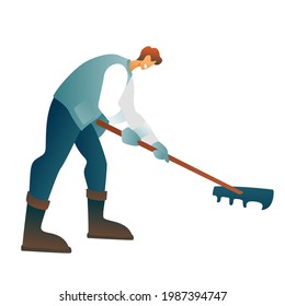 A man in uniform cleans the area with a rake, cleaning leaves on the territory. Worker guy with equipment on the white background. The concept of urban improvement, landscape design of the city.