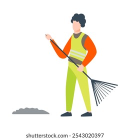 Man in uniform collecting garbage with rake in flat design. Street cleaning. Vector illustration isolated.