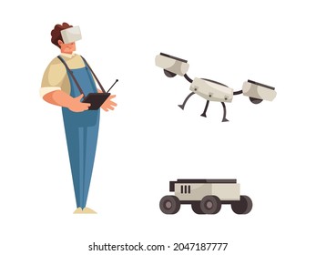 Man in uniform controlling flying drone and automatic vehicle flat isolated vector illustration