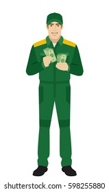 Man in uniform counts the money. Full length portrait of Delivery man or Worker in a flat style. Vector illustration.