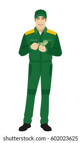 Man in uniform counts the money. Full length portrait of Delivery man or Worker in a flat style. Vector illustration.