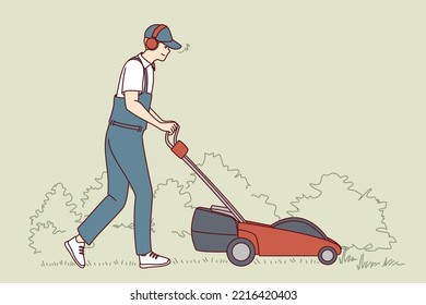 Man in uniform cut grass with electric lawn mower. Employee or worker push grass trimmer machine outdoors. Vector illustration. 