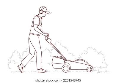 Man in uniform cut grass with electric lawn mower. Employee or worker push grass trimmer machine outdoors. Vector illustration. 