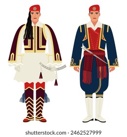 man in the uniform of Greek guard officer isolated on a white background. young people in the traditional folk costume of the Greek Guards. flat cartoon-style drawing. stock vector illustration EPS 10