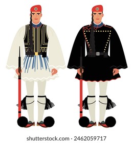 man in the uniform of a Greek guardsman isolated on a white background. Greek honor guard in traditional costumes. flat cartoon-style drawing. stock vector illustration. EPS 10.