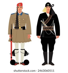 Mann in der Uniform des griechischen Wachmanns am griechischen Volkstrauertag isoliert auf weißem Hintergrund Mann in der Alltagsuniform des Wachmanns und Mann in der Uniform des Wachmanns am Gedenktag EPS 10