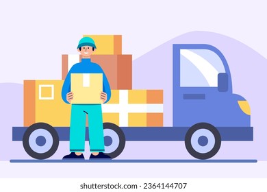 Man in uniform and helmet standing near car, holding parcel. Worker helping client to moving to new place. Work as loader. Moving concept. Flat vector illustration in blue colors in cartoon style