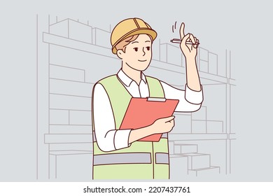 Man in uniform and helmet working in warehouse. Smiling male engineer or mechanic at storehouse or depot. Occupation and profession. Vector illustration. 