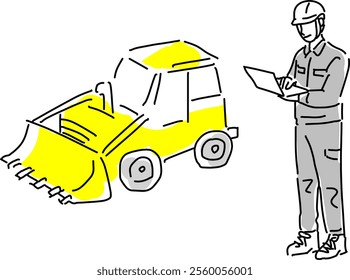 man in uniform and helmet with yellow bulldozer hand drawing vector illustration