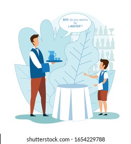 Man in Uniform Hold Tray with Drink in Hands Asking Little Schoolboy if he Want to be Waiter, Bar Shelf behind. Boy Choose Future Profession. Hospitality Occupation Cartoon Flat Vector Illustration