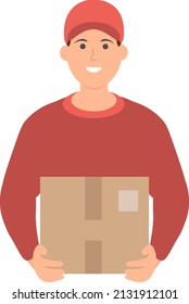 Man in uniform holding box. Vector illustration isolated. Delivery man shipping goods or food to costumers delivery man carrying a package.