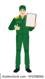 Man in uniform holding clipboard and shows thumb up. Full length portrait of Delivery man or Worker in a flat style. Vector illustration.