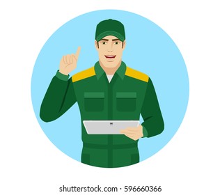 Man in uniform holding digital tablet PC and pointing up. Portrait of Delivery man or Worker in a flat style. Vector illustration.