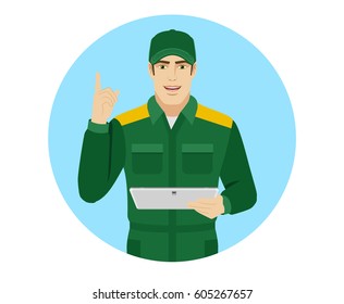 Man in uniform holding digital tablet PC and pointing up. Portrait of Delivery man or Worker in a flat style. Vector illustration.