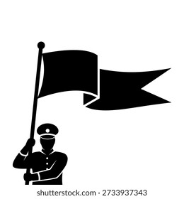 A man in uniform holding a flag on a pole, depicted as a black silhouette against a white background.