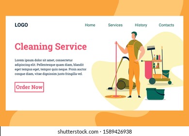 Man in Uniform Holding Mop for Cleaning Floor Flat Website Vector Illustration. Detergents and Equipment Lying on Trolley. Broom, Spray, Bucket, Vacuum Cleaner Banner. Order Service Now.