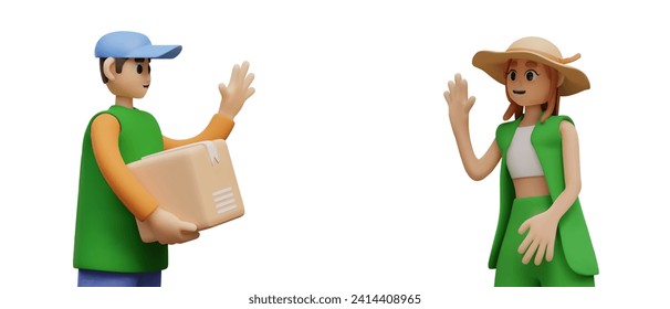 Man in uniform holding parcel and talking with lady. Courier delivering order to human. Vector illustration in 3d style with place for text and white background
