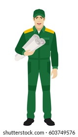 Man in uniform holding the project plan. Full length portrait of Delivery man or Worker in a flat style. Vector illustration.