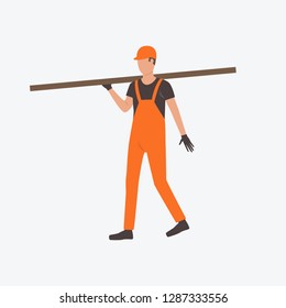 Man in uniform holding structural beam. Builder, worker, industry. Can be used for topics like development, industrial