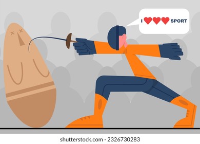 Man in uniform holding sword and practicing fencing. Time for morning workout in gym. Regular physical activity. Concept of healthy lifestyle. Vector flat illustration in orange colors