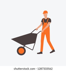 Man in uniform holding wheelbarrow. Builder, engineer, constructor. Can be used for topics like development, industrial