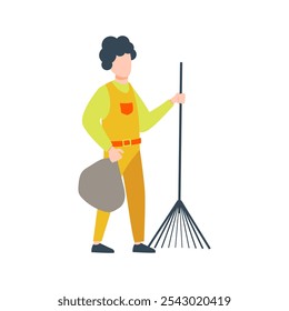 Man in uniform holds rake and trash bag in flat design. Street cleaning. Vector illustration isolated.