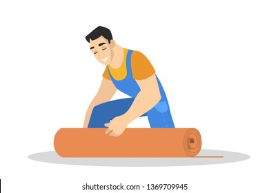 Man in the uniform laying carpet on the floor. Professional worker making house renovation. Putting linoleum on the floor. Isolated vector illustration in cartoon style