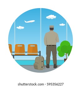Man in Uniform Looking out the Window in a Waiting Room, Icon Waiting Hall with a Man, Flat Design, Vector Illustration 